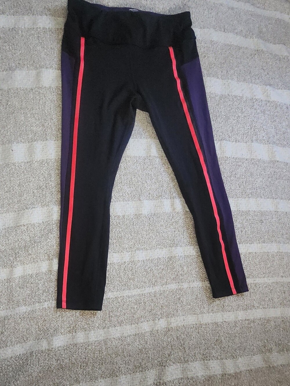 Avia Black Leggings with Purple Panels and Pink Stripe Trim